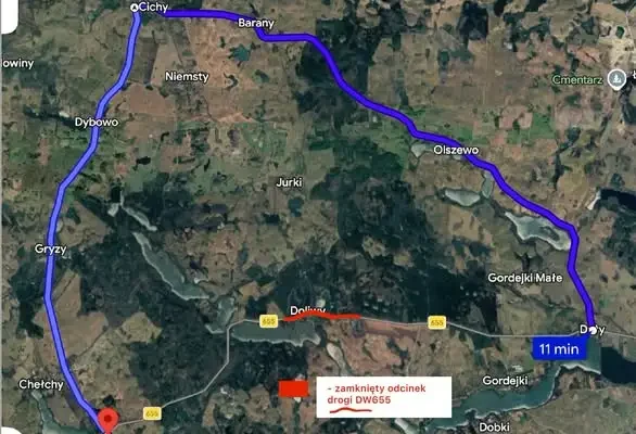 Utrudnienia na drodze wojewódzkiej nr 655 w Doliwach – objazd